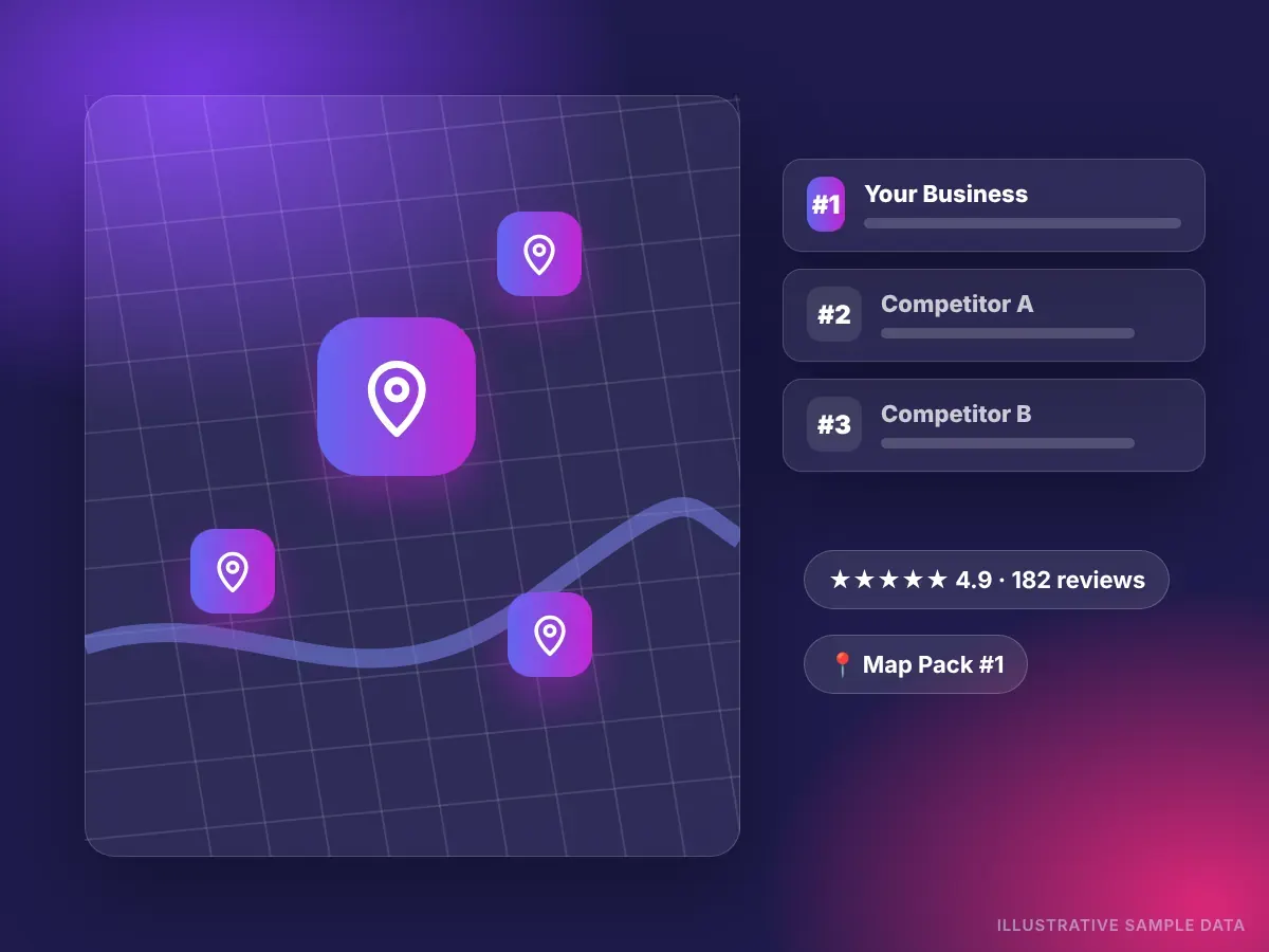 Local SEO services illustration with Google Map Pack rankings, map pins and 5-star reviews