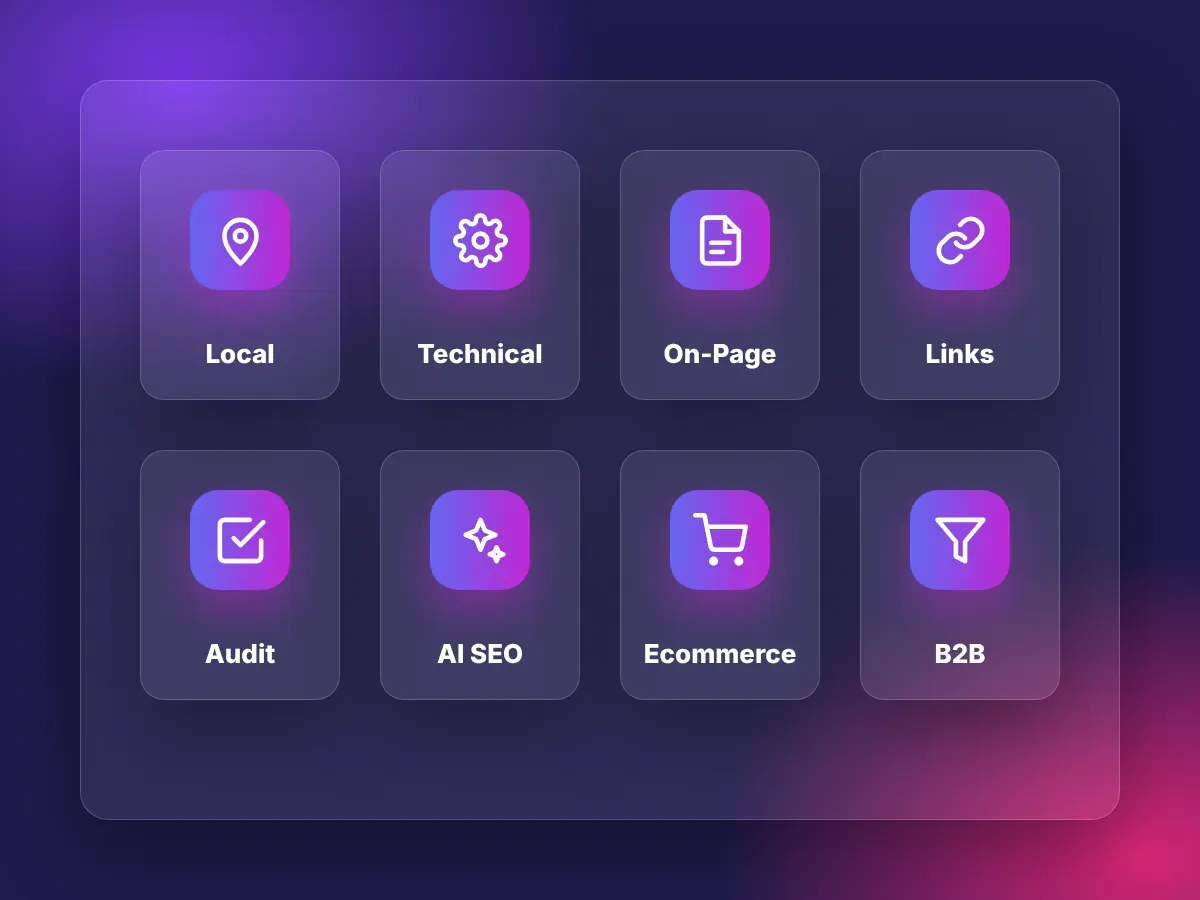 Overview of SEO services: local, technical, on-page, link building, audit, AI SEO, ecommerce and B2B SEO